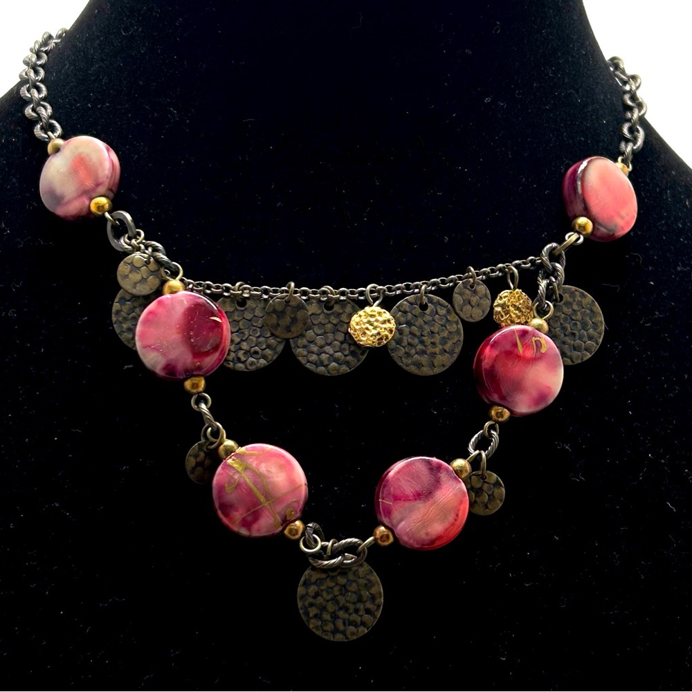 Vintage Antiqued And Polished Gold Necklace Pink Marbled Ceramic Beads, Signed